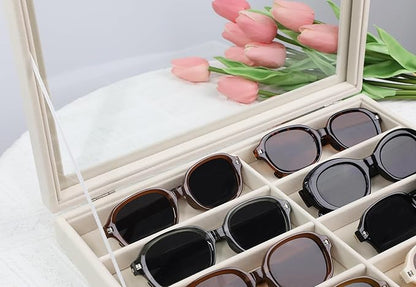 Stratalife Sunglasses Organizer Sunglass Display Tray Jewelry Tray with Lid Sunglasses Storage Case Drawer Watch Box for Men and Women Beige (8 Grids)