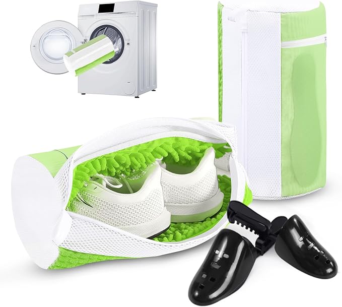 Shoe Washing Bag 2Pack - Reusable Shoe Laundry Bag with Mesh Socks Washer Machine Bag - 360°Deep Protective Cleaning Bags for Sneakers Delicate Footwear - Home Dorm Travel Essentials, Green