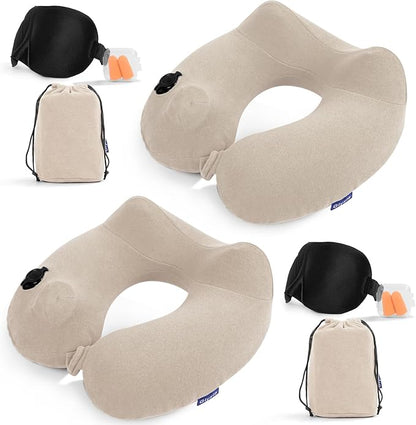 2 Pack Inflatable Travel Neck Pillows for Airplanes, Head Support Velvet Adult Neck Pillows for Long Flight, Kit with Eye Mask, Earplugs and Storage Bag, 2, Beige