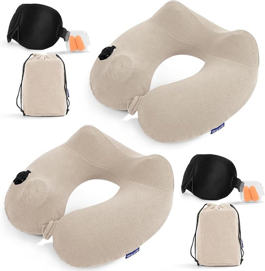 2 Pack Inflatable Travel Neck Pillows for Airplanes, Head Support Velvet Adult Neck Pillows for Long Flight, Kit with Eye Mask, Earplugs and Storage Bag, 2, Beige