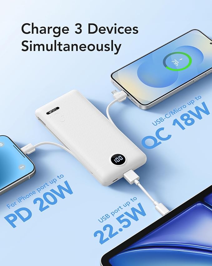VRURC Portable Charger with Wall Plug, 10000mAh Slim Portable Charger Built in Cables,PD 20W Fast Charging Power Bank with Cords,USB C Portable Phone Charger Travel Accessories -White(1 Pack)