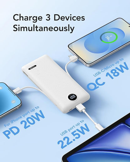 VRURC Portable Charger with Wall Plug, 10000mAh Slim Portable Charger Built in Cables,PD 20W Fast Charging Power Bank with Cords,USB C Portable Phone Charger Travel Accessories -White(1 Pack)