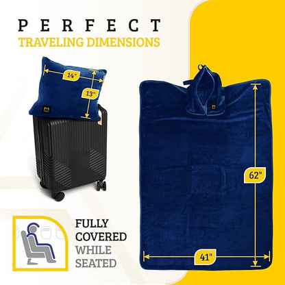 Travel Blanket Airplane Compact with Hoodie – 2in1 Airplane Travel Accessories from Plane Blanket to Travel Pillow with Luggage Strap, Soft Handle & Secure Pocket (Navy Blue, 62x41'')