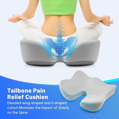 Seat Cushion, Wide & Soft Support Memory Foam Cushion for Office Chair, Desk Chair, Car Seat, Airplane, Ergonomic Sciatica, Hip & Tailbone Pain Relief Cushion for Long Sitting