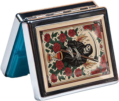 7 Days Chromed Shiny Silver Pill Organizer with Mirror Inside Has 8 Separate Compartments Rectangle,Versatile Storage for Medication - Ideal Travel Accessory (Sickle and Skull)