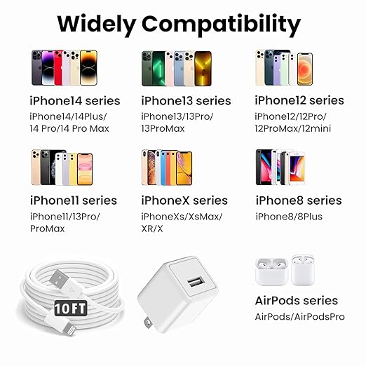 iPhone Charger, [Apple MFi Certified] 2 Pack 10ft iPhone Charger Data Sync Transfer Lightning Cable with Travel USB Wall ChargerBlock Compatible with iPhone13/12/11 Pro/SE/XS/X/XR/8/7/iPad/AirPods