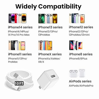 iPhone Charger, [Apple MFi Certified] 2 Pack 10ft iPhone Charger Data Sync Transfer Lightning Cable with Travel USB Wall ChargerBlock Compatible with iPhone13/12/11 Pro/SE/XS/X/XR/8/7/iPad/AirPods