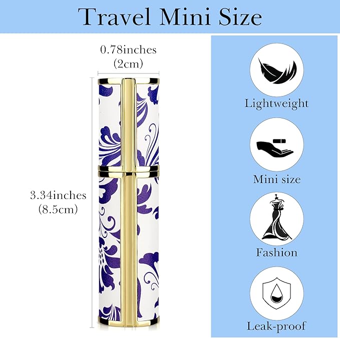 LUEXBOX Portable Perfume Bottle for Travel, Mini Refillable Perfume Dispenser, 5ml Faux Leather Leak Proof Perfume Atomizers, Blue and White Bottles Sprayer for Pocket Perfume (Blue flower)