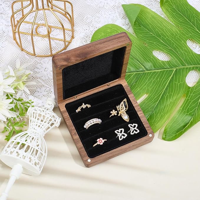 Solid Wood Jewelry Ring Organizer Case Small Portable Vintage Wooden Jewelry Storage Box Travel Jewelry Ring Holder Case for women, Display Holder Box for Rings Earrings Organizer Weddi