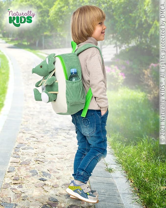 Naturally KIDS Green Dinosaur Backpack for Boys 4-5, Triceratops Dinosaur Gifts for 4-5 Year Old Boys, Girls, Toddler Backpack