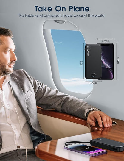 22.5W Super Fast Charging Portable Charger with Wall Plug,12000mAh USB-C Power Bank Built-in 2 Cable, Lightweight Phone Charger Travel Battery Pack for All iPhone, Samsung, Tablets