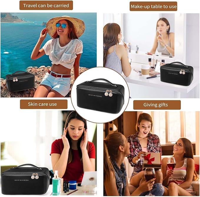 Travel Makeup Bag, Large Capacity Cosmetic Organizer Bags for Women, Waterproof PU Leather Toiletry Bags, Wide Open Flat Makeup Case with Divider and Handle