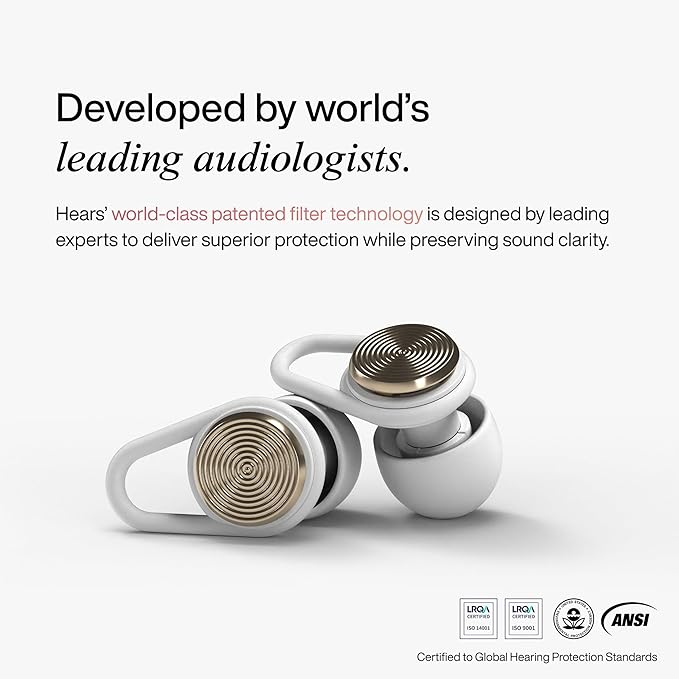 Hears Ear Plugs for Noise Protection - Patented Concert Earplugs, 20dB SNR Sound Reduction, Hypoallergenic Ear Plugs for Sleeping Noise Cancelling with 4 Ear Tip Sizes Included - Gold Haze