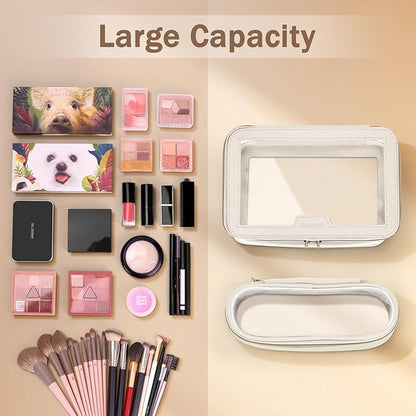 Travel Clear Makeup Bag with Makeup Brush Bag, Leather Makeup Case Toiletry Bag, Portable Cosmetic Bag Case, Transparent Waterproof Cosmetic Organizer Storage Bag for Women, Medium, Off-White