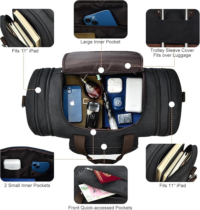Litvyak Duffle Bag for Travel, 50L Canvas Travel Duffel Bags Overnight Weekend Gym Carry On Luggage Bag for Men & Women(Black+Toiletry Bag)