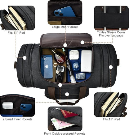 Litvyak Duffle Bag for Travel, 50L Canvas Travel Duffel Bags Overnight Weekend Gym Carry On Luggage Bag for Men & Women(Black+Toiletry Bag)