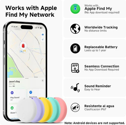 JTD Air Tracker Tags 5 Pack for Find My, 2025 Upgraded with IP68 Waterproof Item Finder with Left-Behind Alert, 5 Colors for Keys, Luggage, Backpack, Wallet. iOS Only.