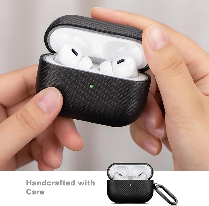 LOPIE Handmade for AirPods Pro 1st Generation Case Cover, Carbon Fiber Texture Vegan Leather Case with Keychain & Cleaner Kit, Protective Hard Shell Cover for AirPods Pro 1 - Black