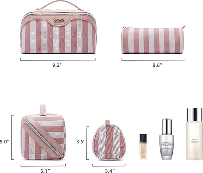 BOYATU Travel Makeup Bag for Women: Large Cosmetic Bag Set of 3 - PU Leather Make up Bag with Compartments - Compact Waterproof Toiletry Bag with Divider & Handle (B-1-Pink)