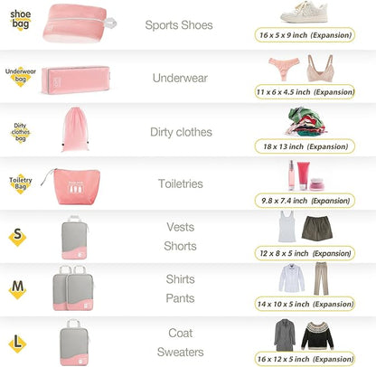 Compression Packing Cubes 8 Set, Dual Zipper Compression Packing Cubes for Travel, See-Through Mesh Packing Bags for Suitcases, packing cubes with shoe bag (Pink)