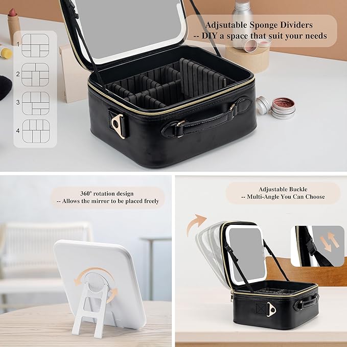 SJD Travel Makeup Bag with LED Mirror, Portable Cosmetic Case Organizer with Lighted Mirror, Waterproof Makeup Case for Cosmetic Brush Holder Storage, Black Toiletry Bag for Women Gift