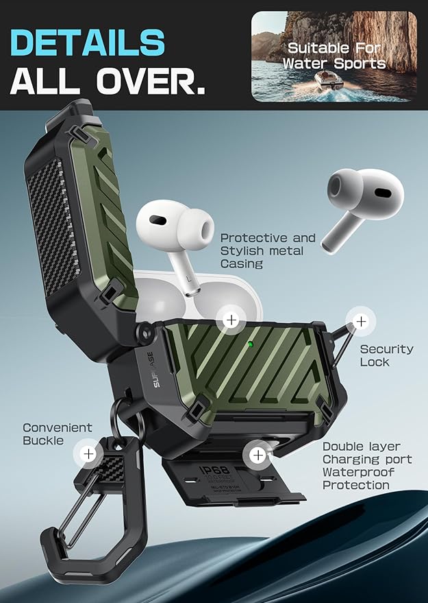 SUPCASE for AirPods Pro 3 Case with Lock & Carabiner, [IP68 Waterproof] [Military-Grade Protection] [Supports Wireless Charging] Anti-Scratch Hard Shell Cover for AirPods Pro 3rd Gen, Guldan