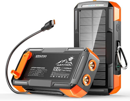 Solar Charger Power Bank 73200mAh, Portable Laptop Charger with 100W USB-C in/Output, Built-in Cables, Hand Crank Power Bank for Mobile Phones, Ideal for Outdoor Use with SOS/Strobe/Strong (orange)