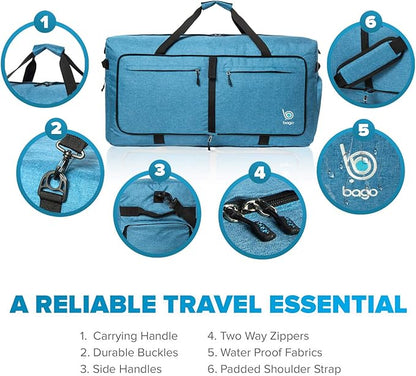 Bago Large Foldable Duffel Bags for Traveling Women & Men - 120L Packable Duffle Bag for Travel with Shoe Compartment - Water Repellant, Heavy Duty, Lightweight Folding & Collapsible (SnowBlue)