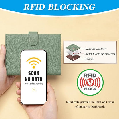 Passport Holder for Travel Women RFID Blocking Genuine Leather Passport Wallet with Card Slots, Zipper Coins Pocket, Cash Holder, Green