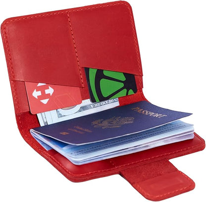 Leather Passport Holder with AirTag Slot - Travel Passport Wallet Compatible with Airtag Passports Cover with Card Slots & Note Compartment, Magnetic Closure, Genuine Leather Crazy Horse, Vintage Red