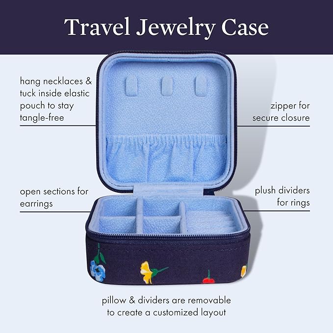 Kate Spade New York Navy Floral Travel Jewelry Case, Small Jewelry Box to Organize Rings, Necklaces, Earrings, Garden Toss