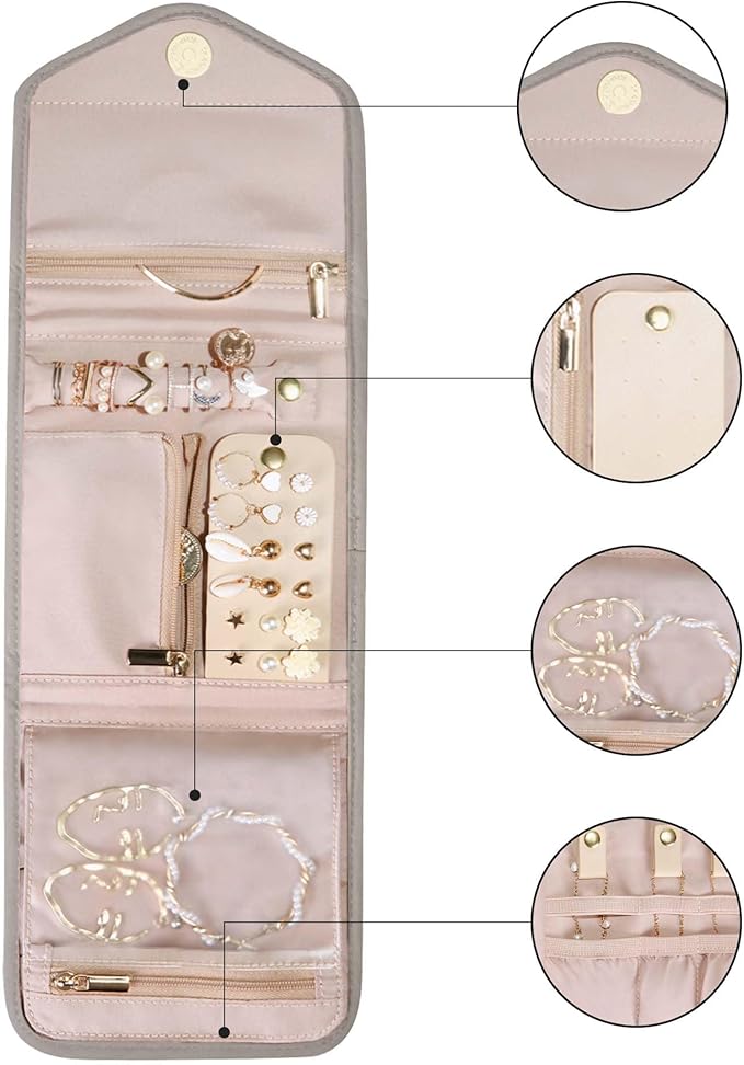 BAGSMART Travel Jewelry Organizer Case Foldable Jewelry Roll for Journey Rings, Necklaces, Earrings, Bracelets,Mini,Warm Gray