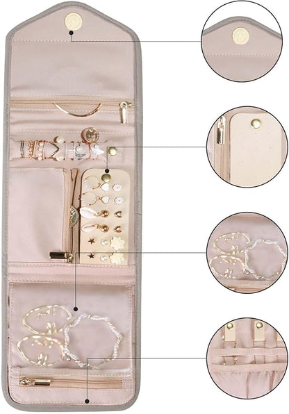 BAGSMART Travel Jewelry Organizer Case Foldable Jewelry Roll for Journey Rings, Necklaces, Earrings, Bracelets,Mini,Warm Gray