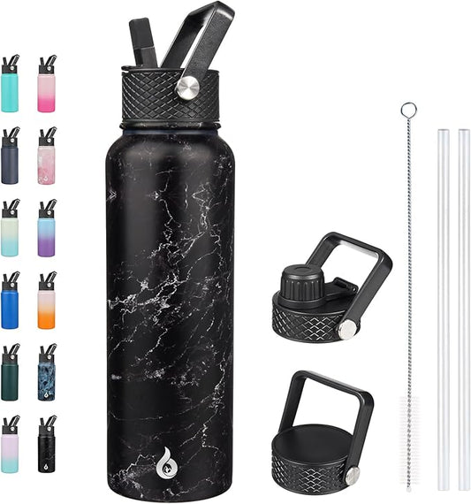 BJPKPK Insulated Water Bottles with Straw Lid, 40oz Stainless Steel Metal Water Bottle with 3 Lids, Reusable Thermo, Keep Cold Hot for Sports, Gym-Midnight