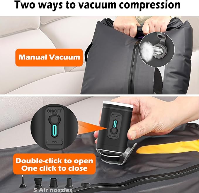 Vacuum Bags with Wireless Pump, Reusable Compression Space Saver for Travel, Visual window,Sealed and dust-free,IP68 Waterproof Packing Cubes for Carry On Suitcases & Backpacks (2PC)