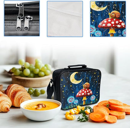 Mushroom Snails Backpack Mushroom Moon Night 17 Inches Bookbag 3PCS Set with Lunch Box Pencil Case Daypack for Kids Girls Boys