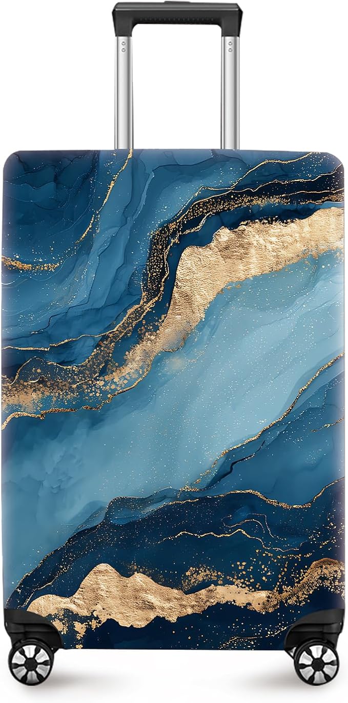 ANNA QUEEN Blue Marble Luggage Cover, Modern Gold Vein Abstract Design Suitcase Protector, Washable Stretchable Travel Sleeve for 28-30 Inch Luggage