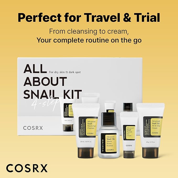 COSRX All About Snail Mucin Korean Skin Care Set, Mini Travel Essentials, Travel Size Gift Set with Snail Mucin Face Wash, Serum, Moisturizer & Eye Cream, Rejuvenating Kit, Stocking Stuffers