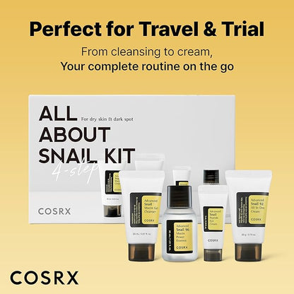 COSRX All About Snail Mucin Korean Skin Care Set, Mini Travel Essentials, Travel Size Gift Set with Snail Mucin Face Wash, Serum, Moisturizer & Eye Cream, Rejuvenating Kit, Stocking Stuffers