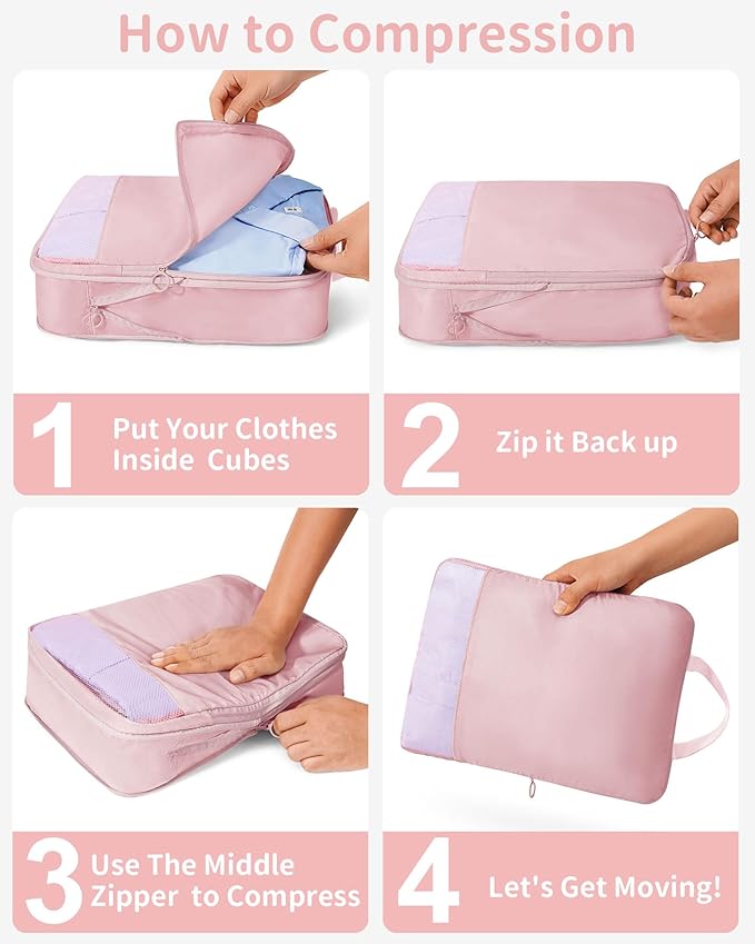 Compression Packing Cubes - 11 Set Suitcase Organizers, Expandable Packing Cubes, Pink Travel Essentials