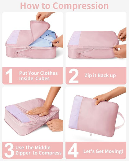 Compression Packing Cubes - 11 Set Suitcase Organizers, Expandable Packing Cubes, Pink Travel Essentials