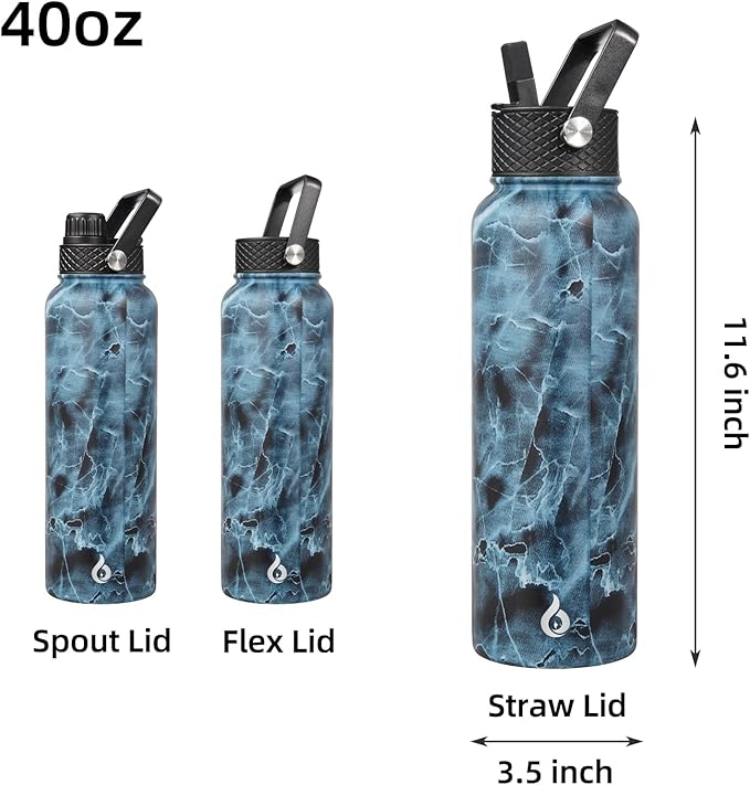 BJPKPK Insulated Water Bottles with Straw Lid, 40oz Stainless Steel Metal Water Bottle with 3 Lids, Reusable Thermo, Keep Cold Hot for Sports, Gym-Ocean