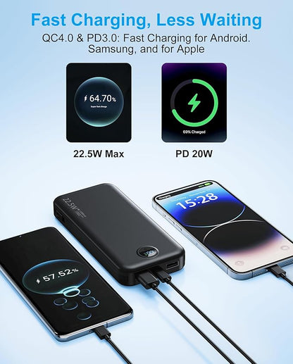 Portable Phone Charger, 12000mAh 22.5W Fast Charging Power Bank with Built-in Cables & Wall Plug, External Battery Bank with LED Display, Travel Essential Battery Pack for iPhone, iPad, Samsung White