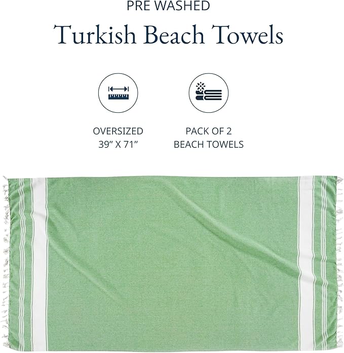 LANE LINEN Turkish Beach Towels, 2 Pack Extra Large Beach Towel, Pre-Washed for Soft Feel, Oversized Sand Free Quick-Dry Pool Towel, Beach Towels for Adults,39"x71" - Jade Green