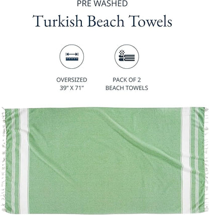 LANE LINEN Turkish Beach Towels, 2 Pack Extra Large Beach Towel, Pre-Washed for Soft Feel, Oversized Sand Free Quick-Dry Pool Towel, Beach Towels for Adults,39"x71" - Jade Green