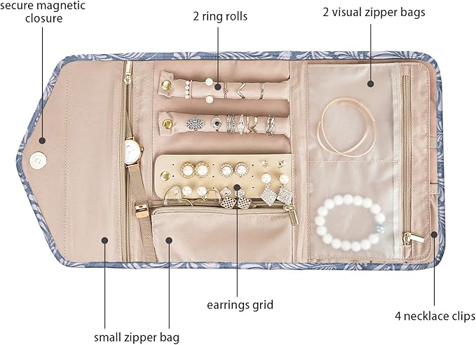 BAGSMART Travel Jewellery Organiser Roll Foldable Jewelry Case for Journey-Rings, Necklaces, Bracelets, Earrings, White Leaf