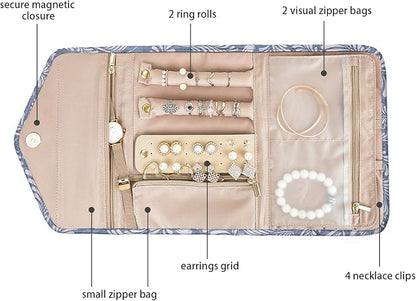 BAGSMART Travel Jewellery Organiser Roll Foldable Jewelry Case for Journey-Rings, Necklaces, Bracelets, Earrings, White Leaf