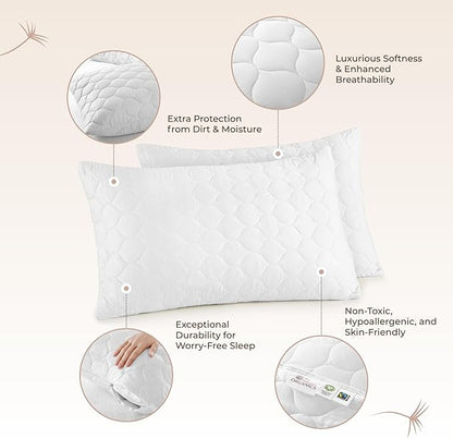 Organic Cotton Pillow Protector - Durable Quilted Pillow Protector King Size GOTS & Fairtrade Certified - Thick Hypoallergenic Machine Washable Breathable Cover & Edge Piping - 2 Pack (White, King)