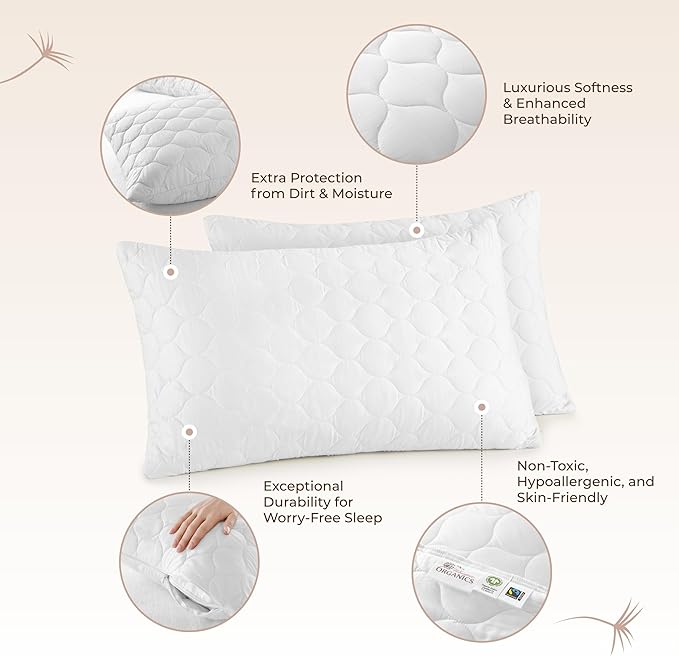 Organic Cotton Pillow Protector - Durable Quilted Pillow Protector King Size GOTS & Fairtrade Certified - Thick Hypoallergenic Machine Washable Breathable Cover & Edge Piping - 2Pack (White, Standard)