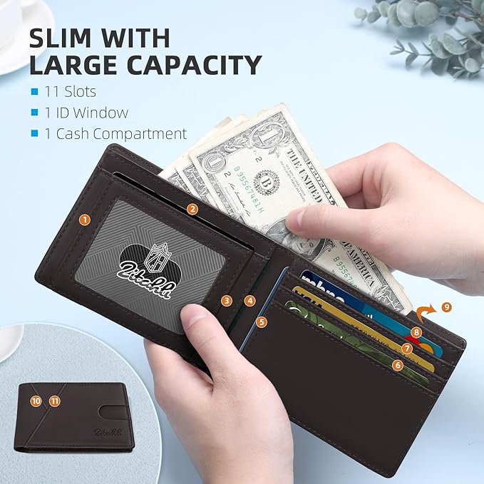 Zitahli Wallet for Men Slim 11 Credit Card Holder RFID Blocking Small Men's Wallet Bifold Minimalist Front Pocket With Mens Gifts Box